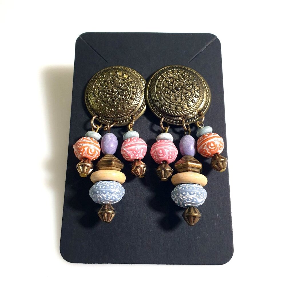 Gold Tone Multicolor Beaded Dangle Earrings Beach Bali Boho Style Stud Post Gift